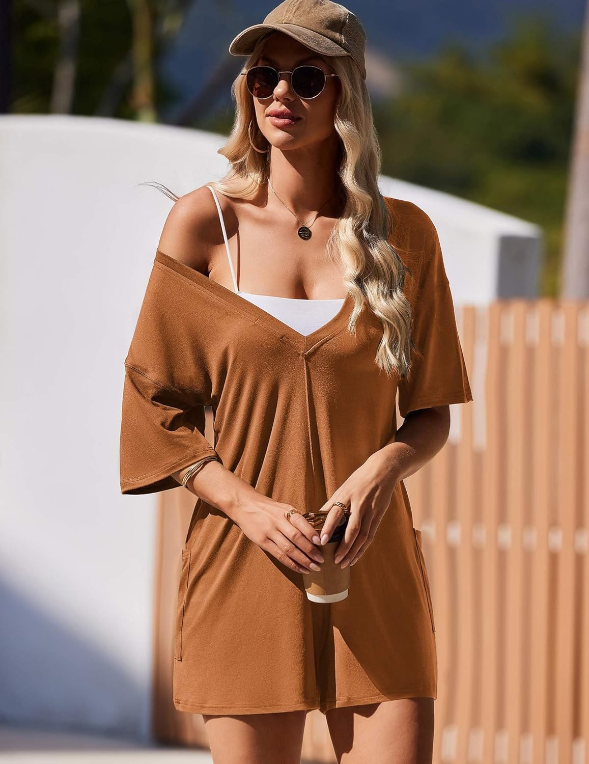 Ekouaer Rompers for Women Oversized Reversible Baggy T-shirt Jumpsuit
