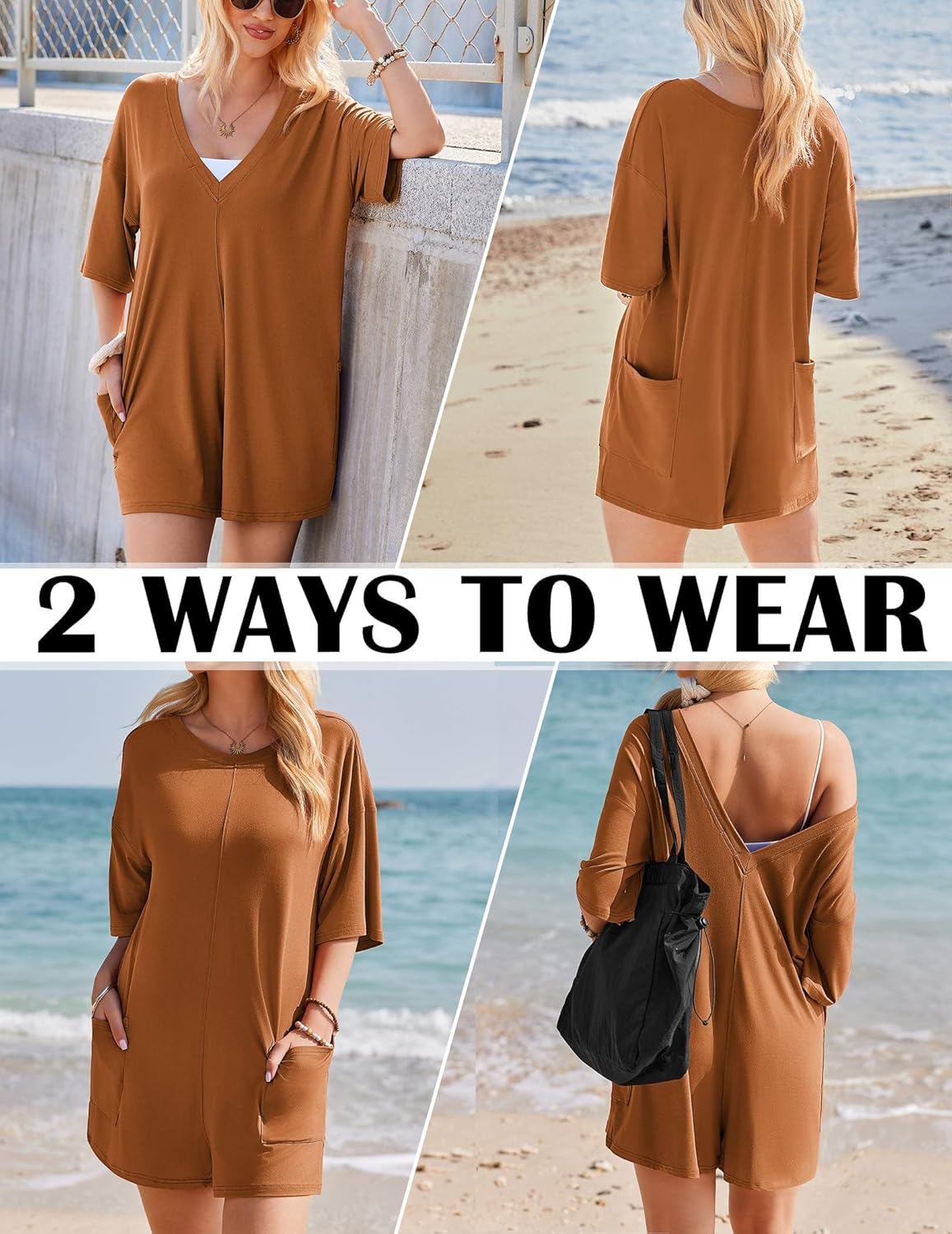 Ekouaer Rompers for Women Oversized Reversible Baggy T-shirt Jumpsuit