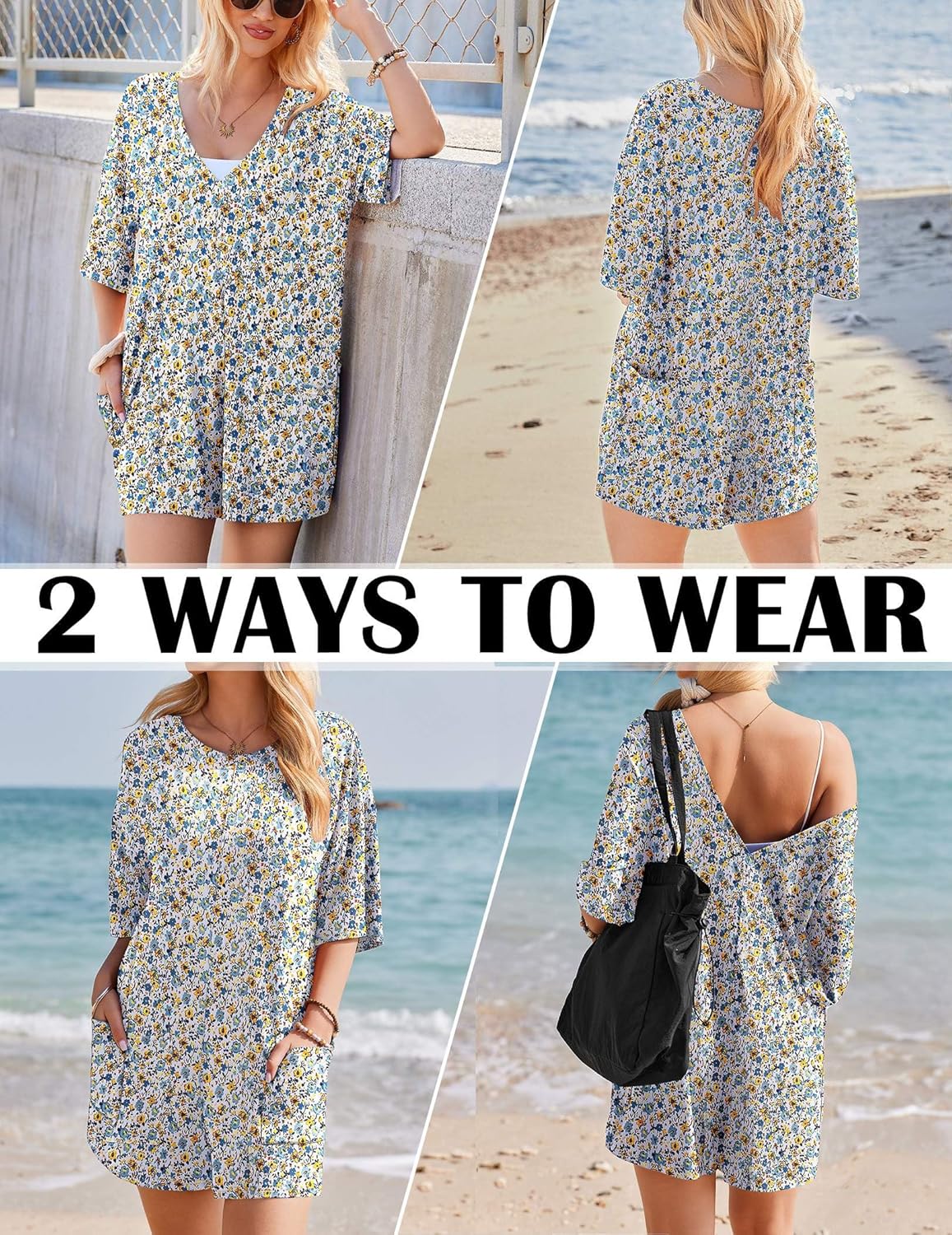 Ekouaer Rompers for Women Oversized Reversible Baggy T-shirt Jumpsuit
