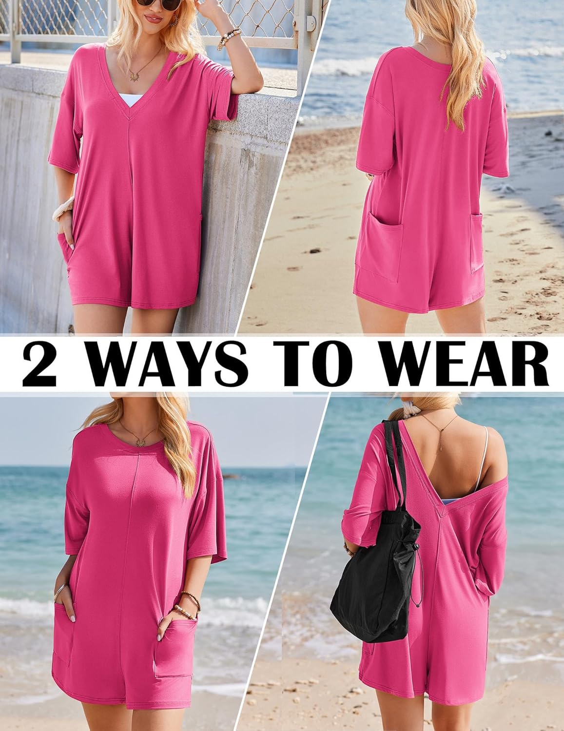 Ekouaer Rompers for Women Oversized Reversible Baggy T-shirt Jumpsuit