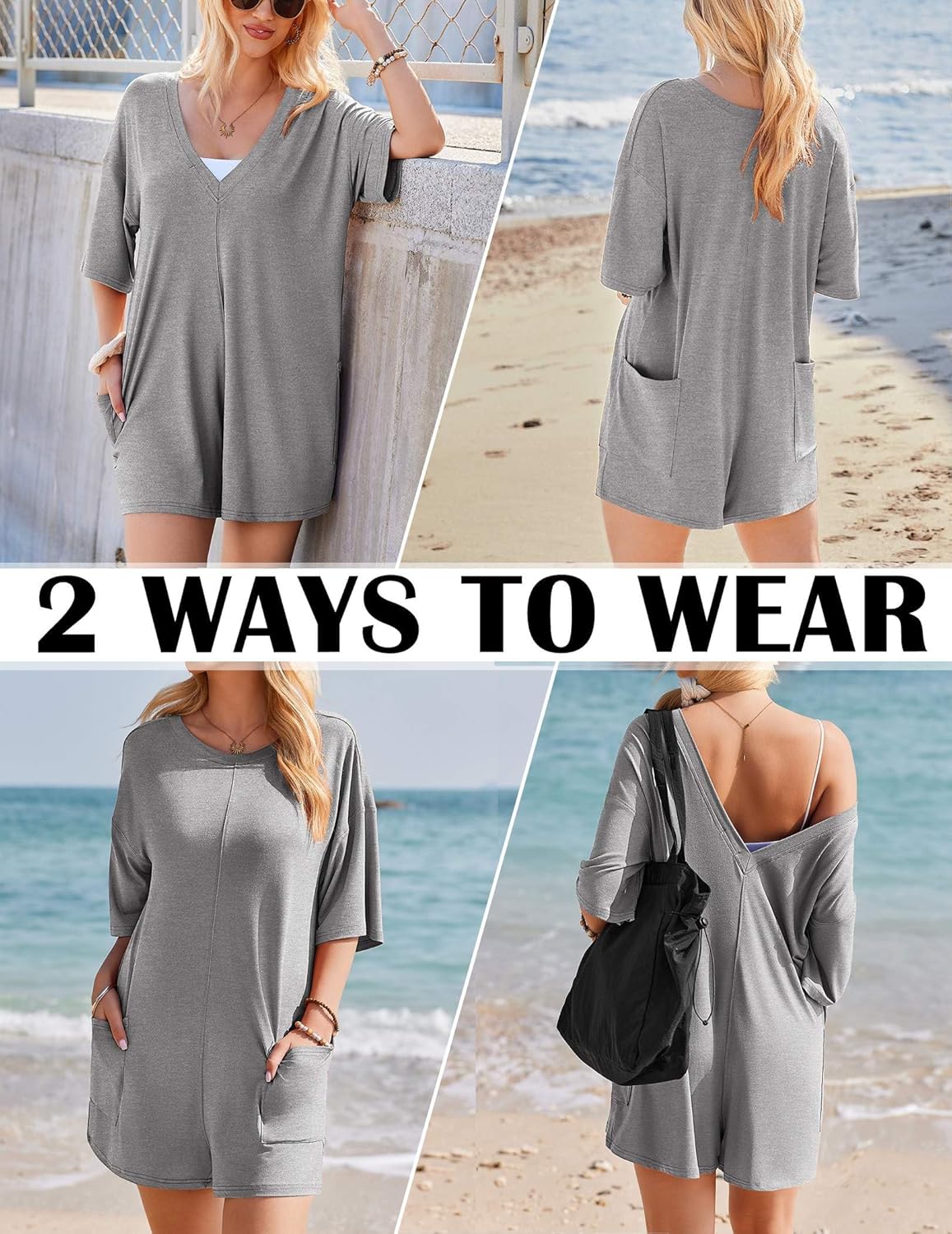 Ekouaer Rompers for Women Oversized Reversible Baggy T-shirt Jumpsuit