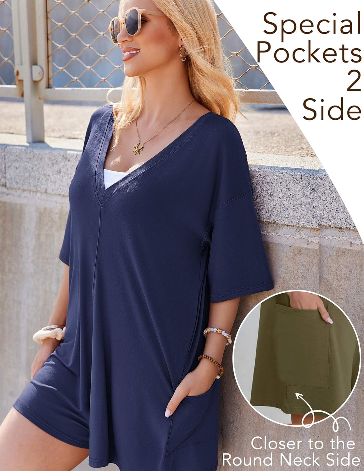 Ekouaer Rompers for Women Oversized Reversible Baggy T-shirt Jumpsuit
