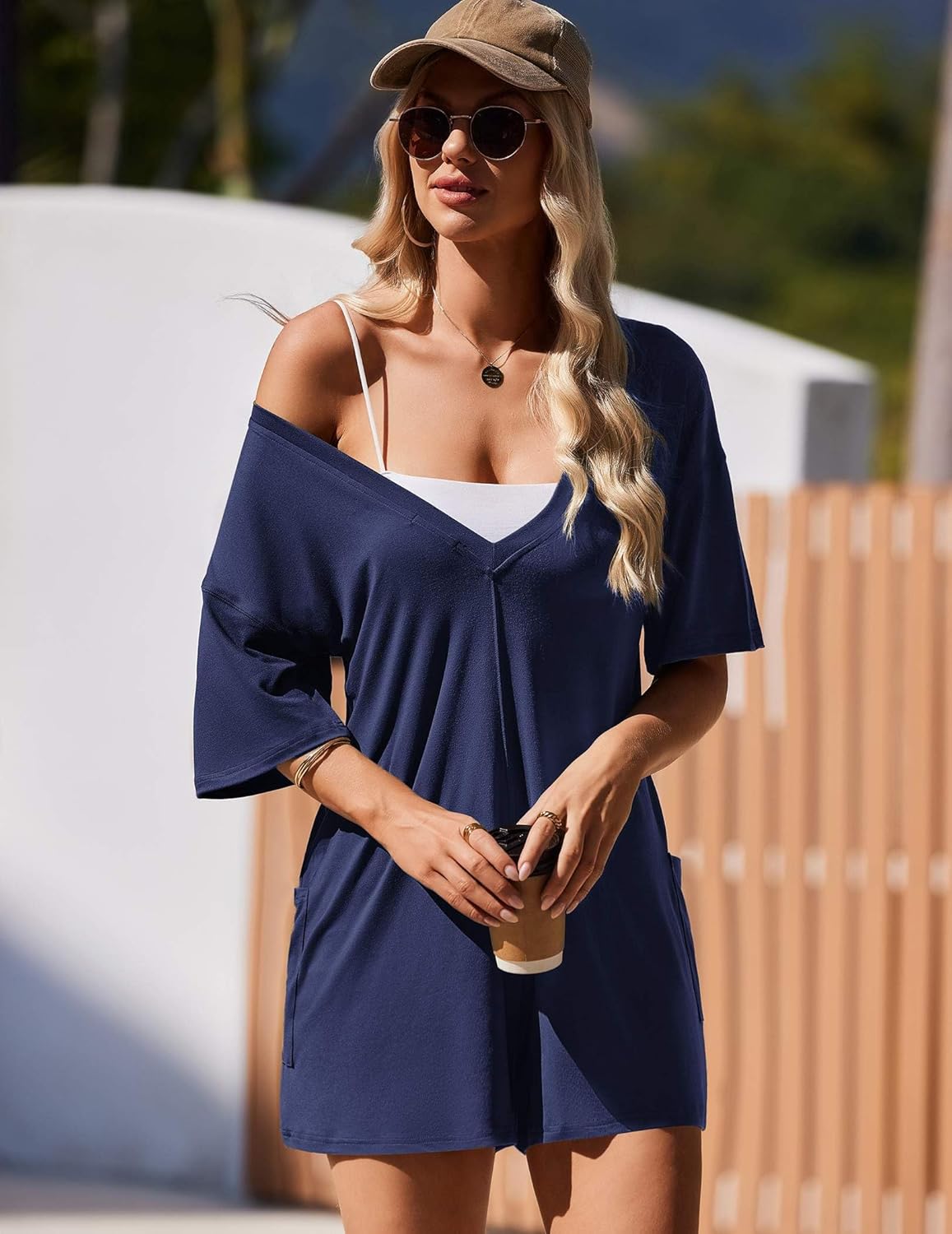 Ekouaer Rompers for Women Oversized Reversible Baggy T-shirt Jumpsuit
