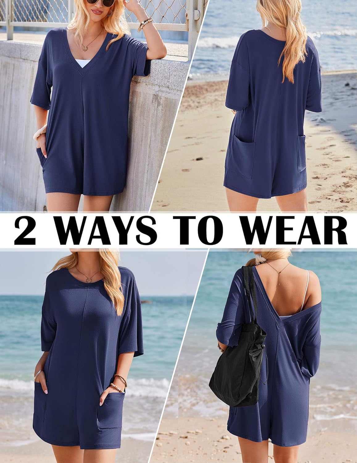Ekouaer Rompers for Women Oversized Reversible Baggy T-shirt Jumpsuit