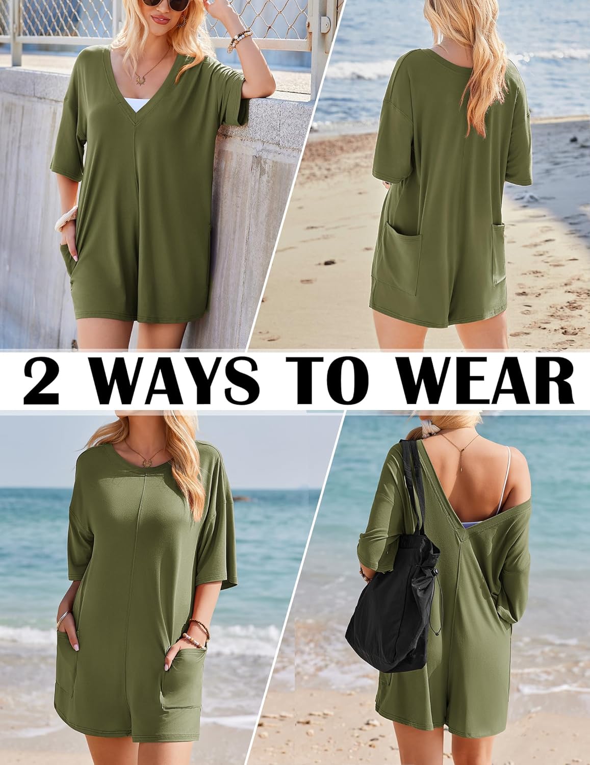 Ekouaer Rompers for Women Oversized Reversible Baggy T-shirt Jumpsuit