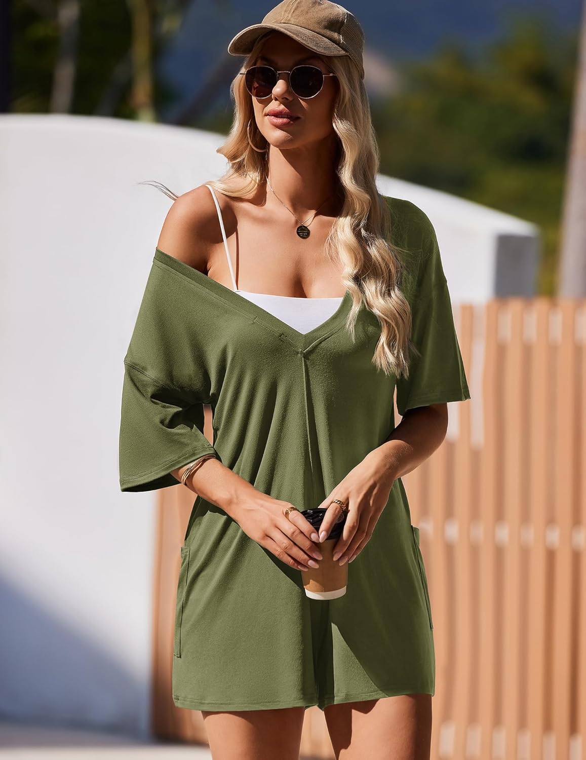 Ekouaer Rompers for Women Oversized Reversible Baggy T-shirt Jumpsuit