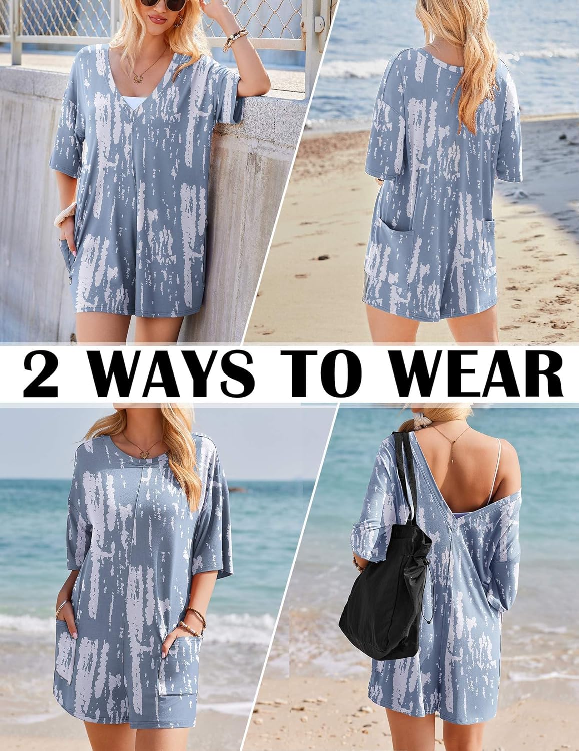 Ekouaer Rompers for Women Oversized Reversible Baggy T-shirt Jumpsuit