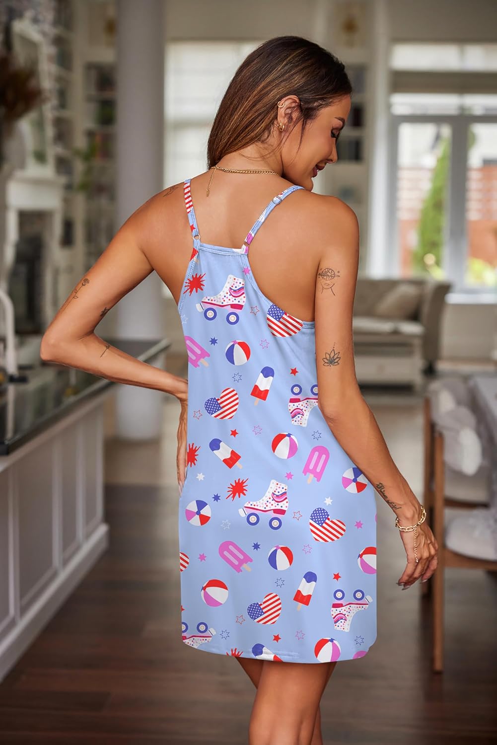 Flag cotton nightgown, racerback straps, allover patriotic pattern, sleeveless