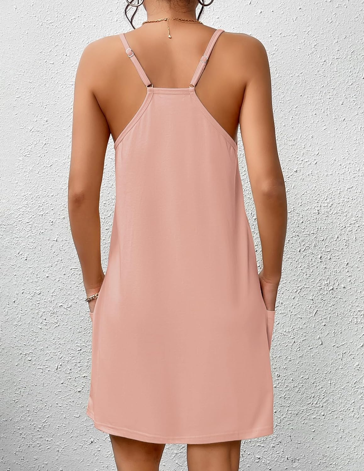 Light pink racerback cotton nightgown dress, open-back view with straps