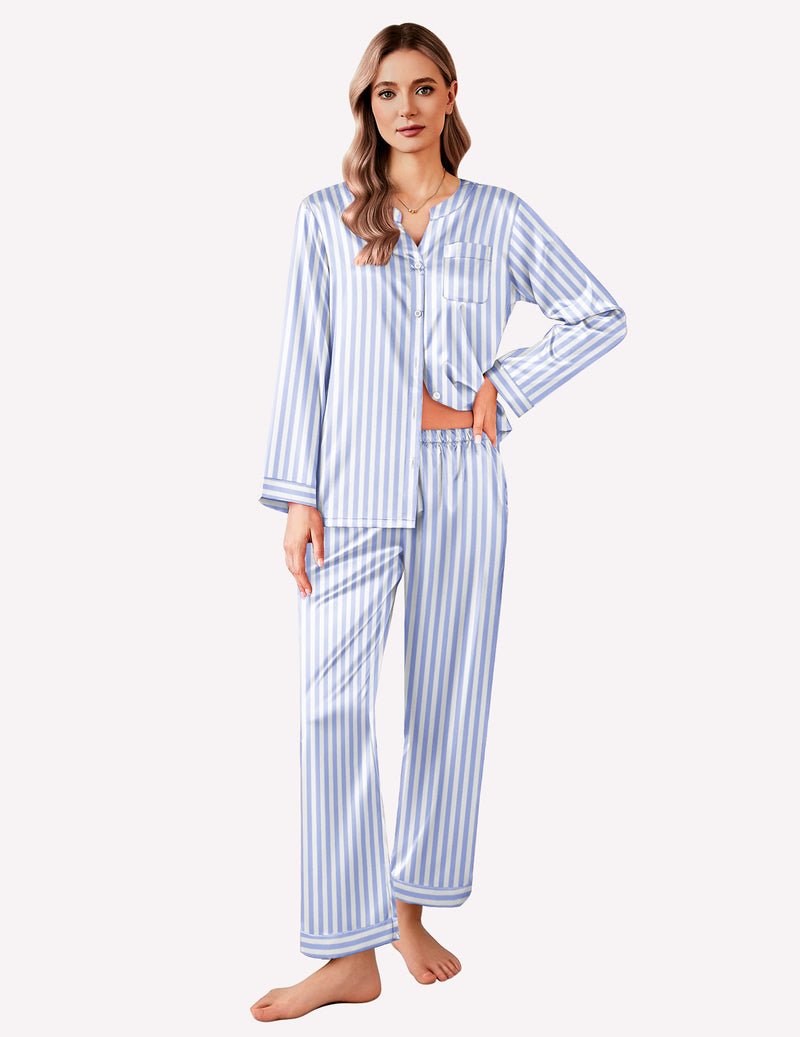 Blue striped satin button-down pajama set: long-sleeve top with chest pocket and wide-leg pants