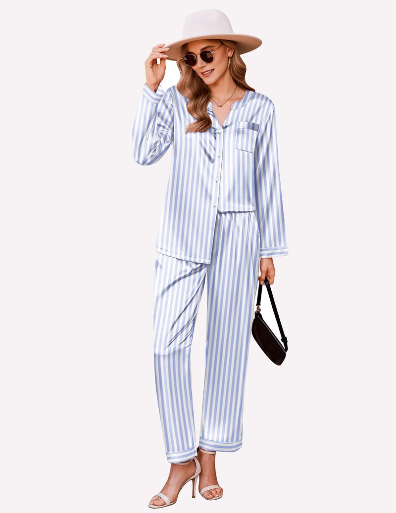 Blue striped satin pajama set, long sleeve button top and ankle-length lounge pants