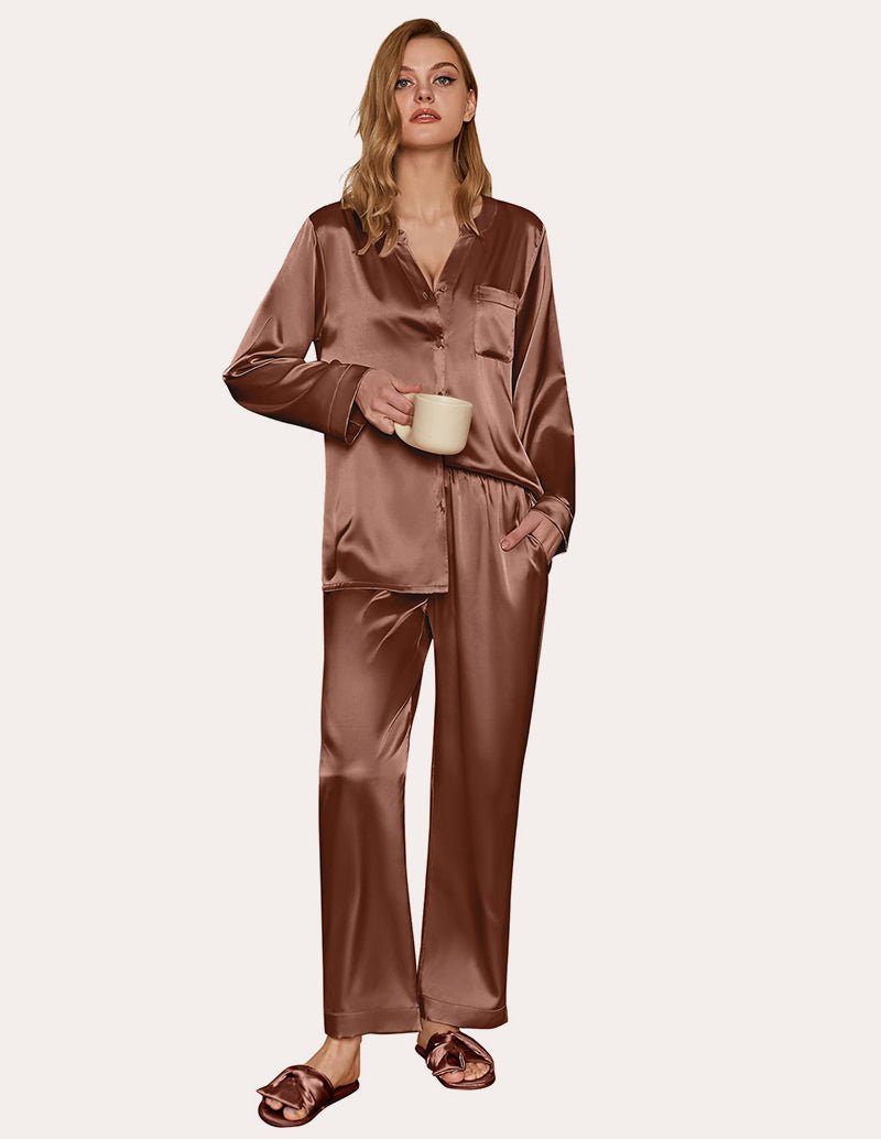 Brown satin pajama set with long sleeves, V-neck top, and matching wide-leg pants