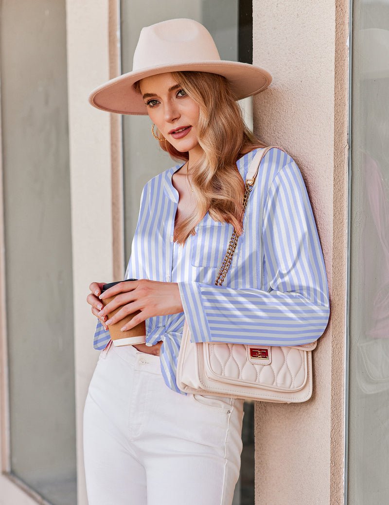 Blue-and-white striped satin pajama top with button front and long sleeves, plus matching pants
