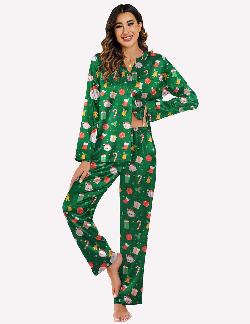 Green pajama set with holiday icons print, long sleeves and matching pants