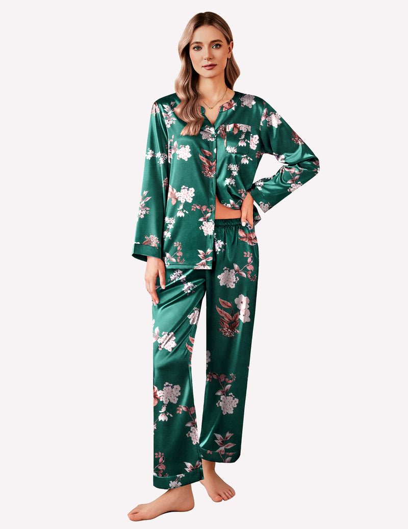 Dark green floral pajama set with long sleeves and button-down top, matching pants