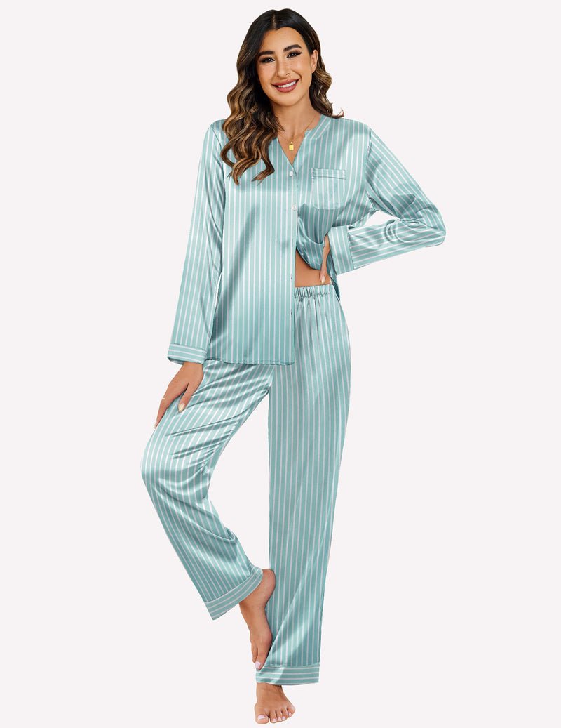 Green striped satin pajama set with long-sleeve button top and matching long lounge pants