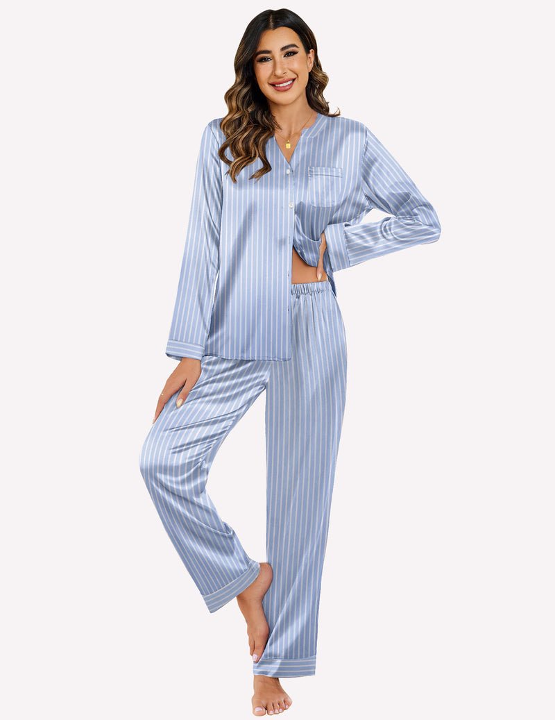 Light blue striped satin pajama set with button front and matching long lounge pants