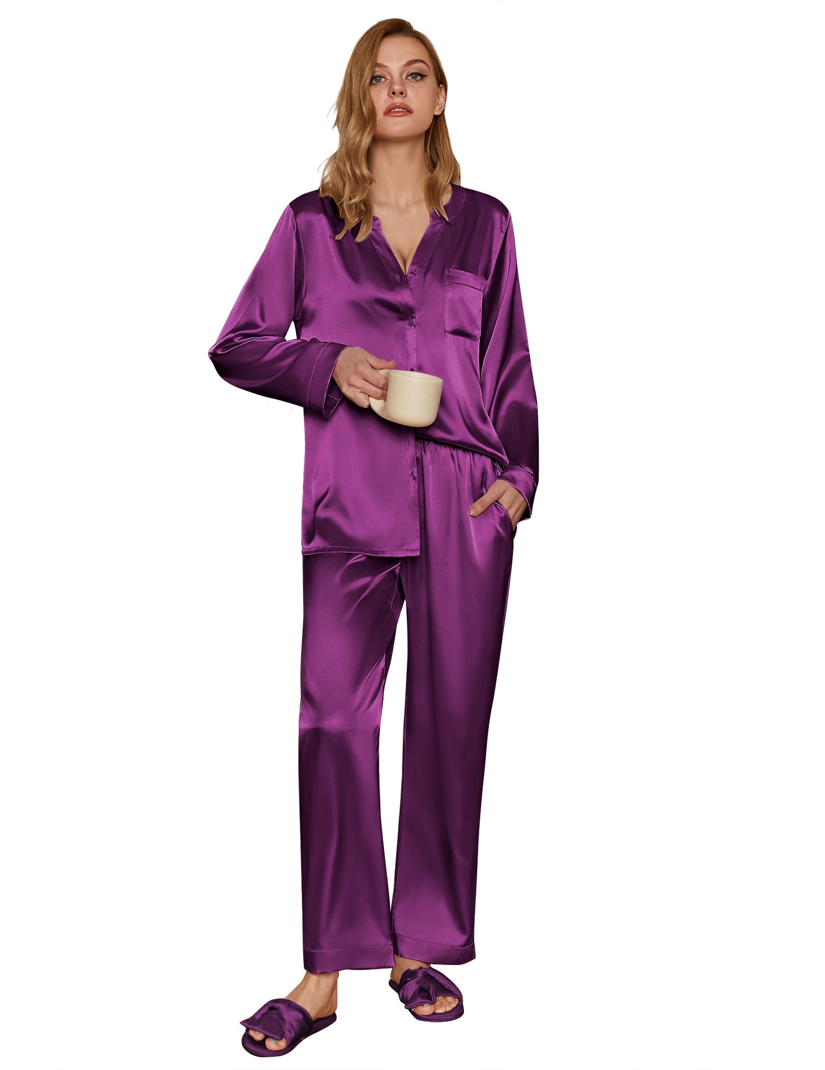 Purple satin long-sleeve button-down pajama set with matching wide-leg pants