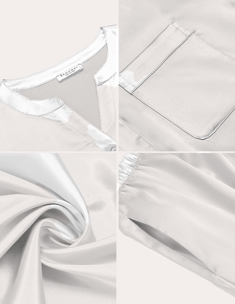 White satin fabric close-up: button placket, collar, pocket, and smooth weave detail