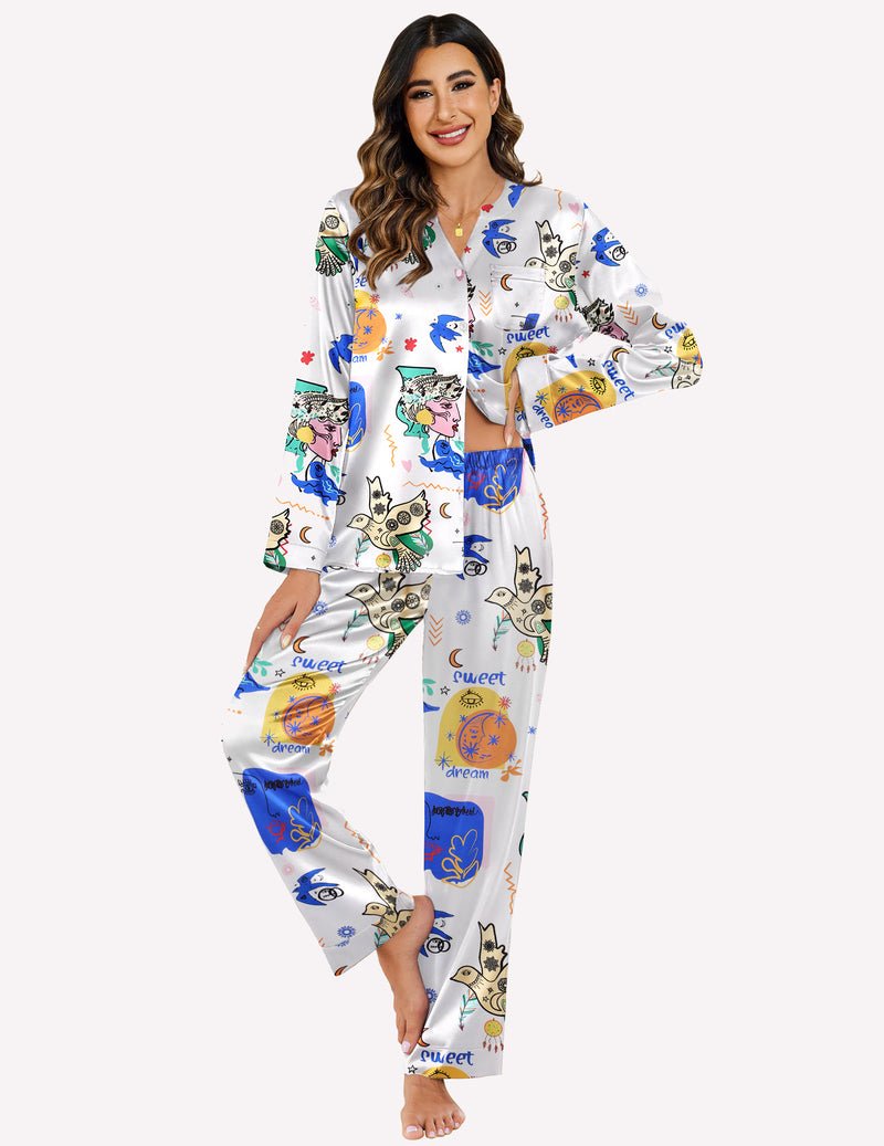 White pajama set with blue cat illustrations and “sweet dream” text, long sleeves