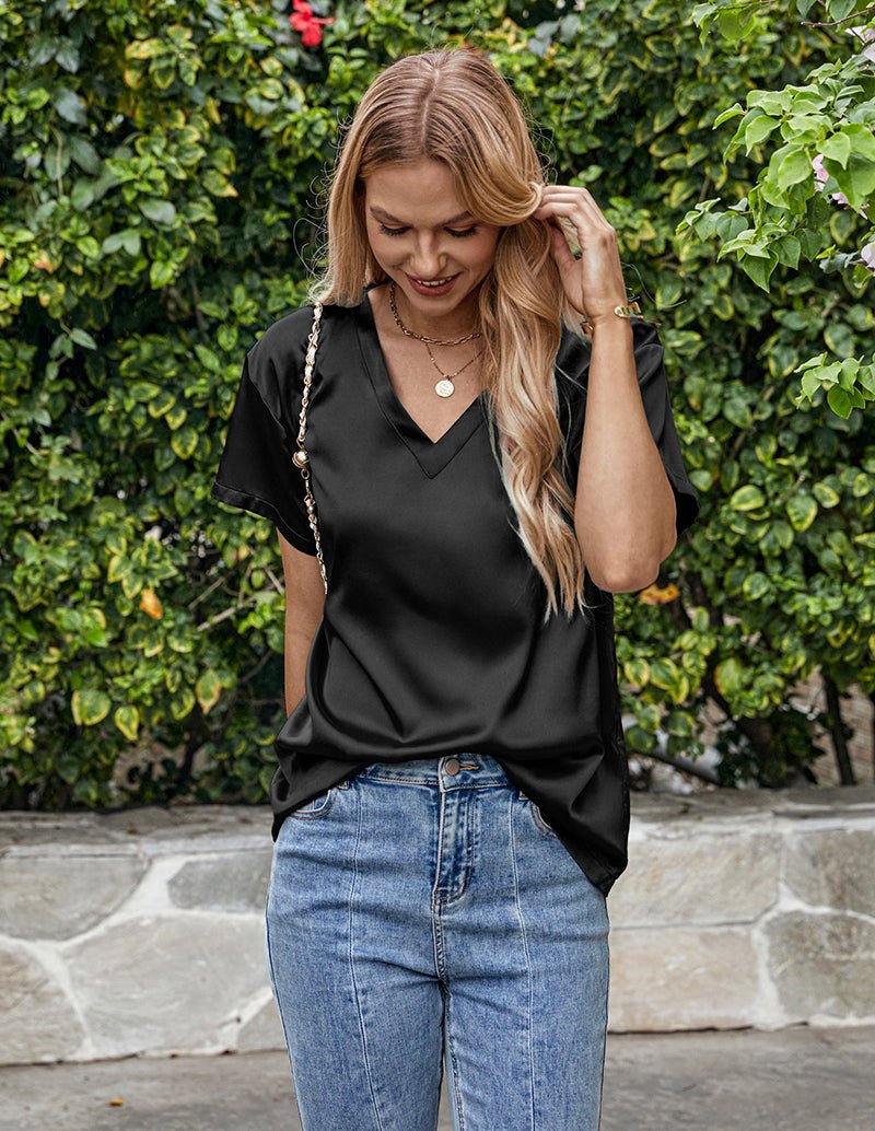 Black satin loose casual V-neck top with short sleeves, relaxed fit