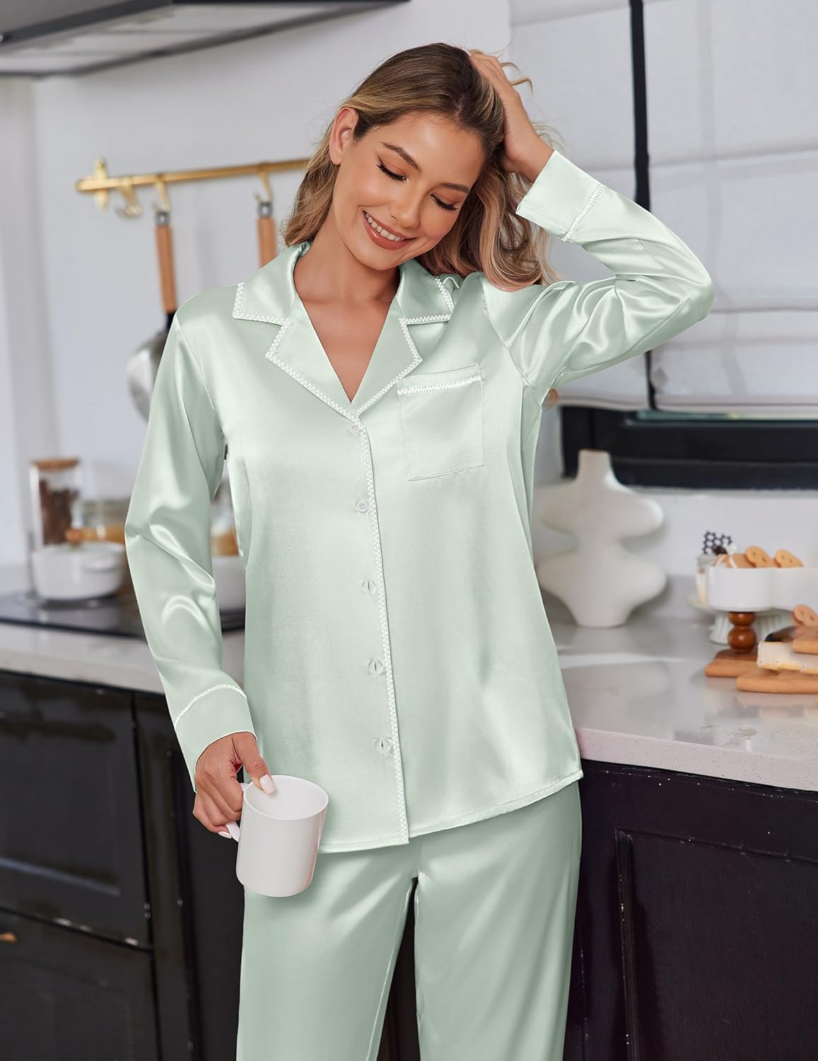 Light mint satin pajama set with contrast trim, button-front top and long pants
