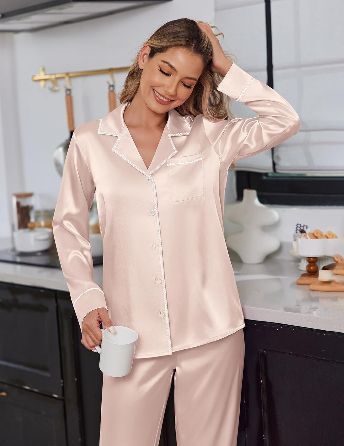 Champagne satin pajama set, button-front top with white trim and matching long pants