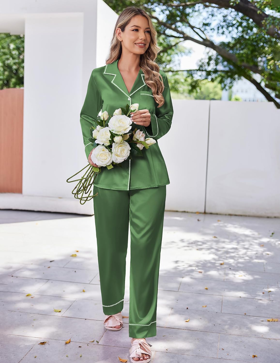 Jade green satin pajama set with notch collar and contrast piping on long trousers