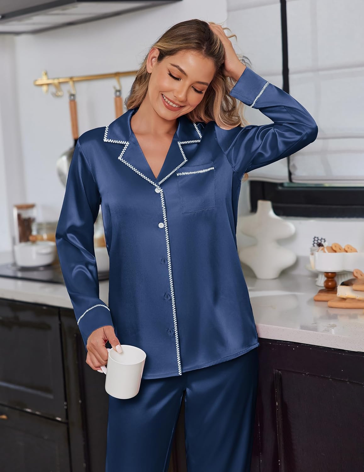 Navy blue satin pajama set with contrast trim, button-front shirt and matching long pants