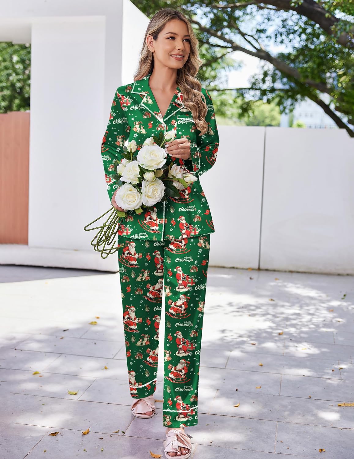 Green Christmas satin pajama set with Santa print, long-sleeve button-up top and matching pants