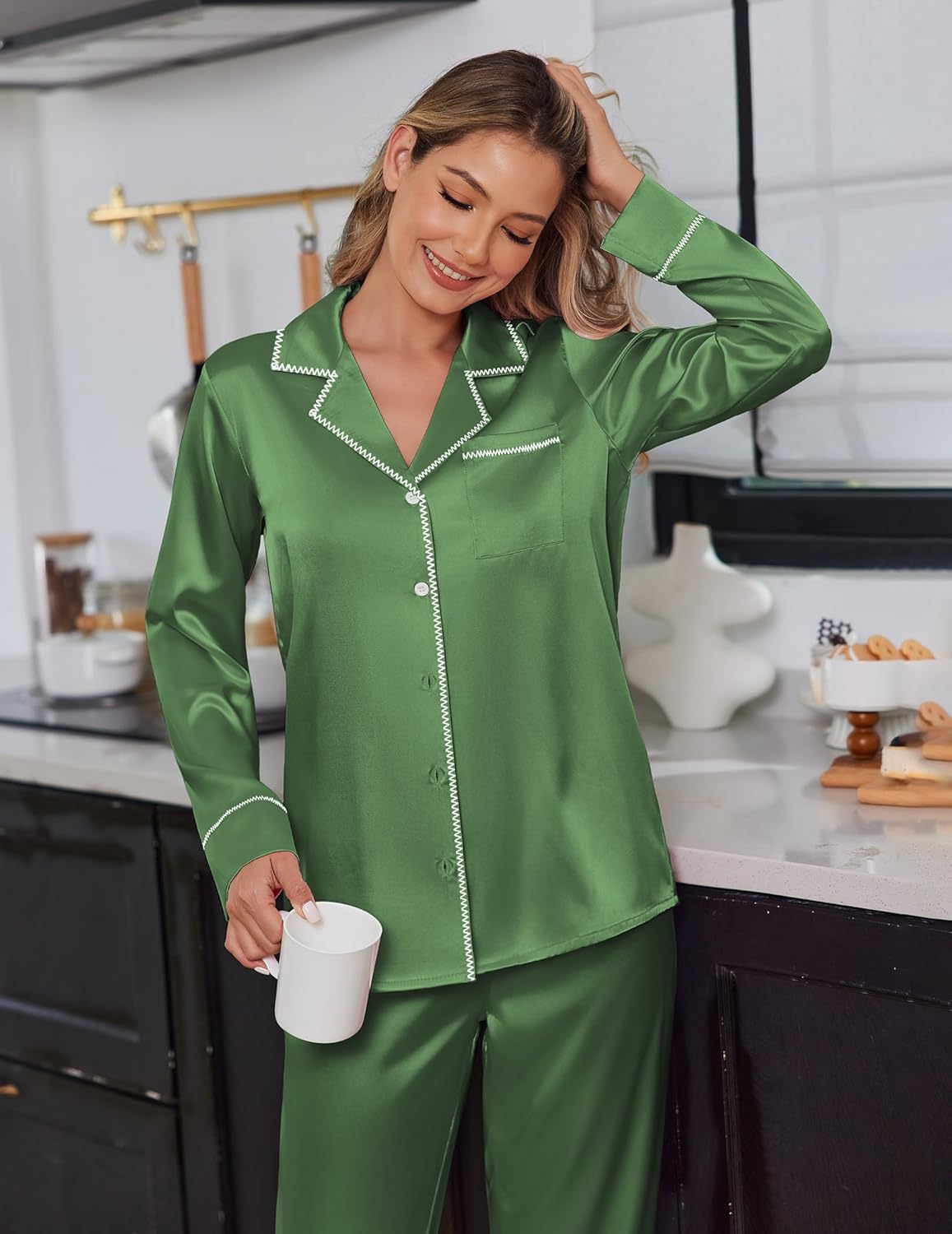 Green satin pajama set with contrast-trim button shirt and matching long pants