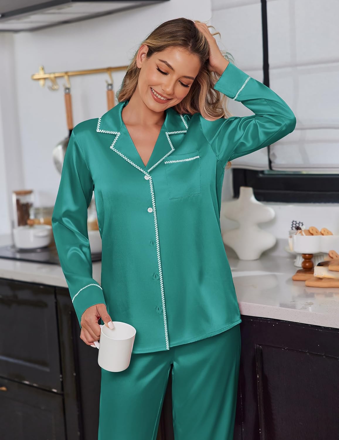 Ekouaer satin pajama set in emerald green, long-sleeve button-up top and matching pants