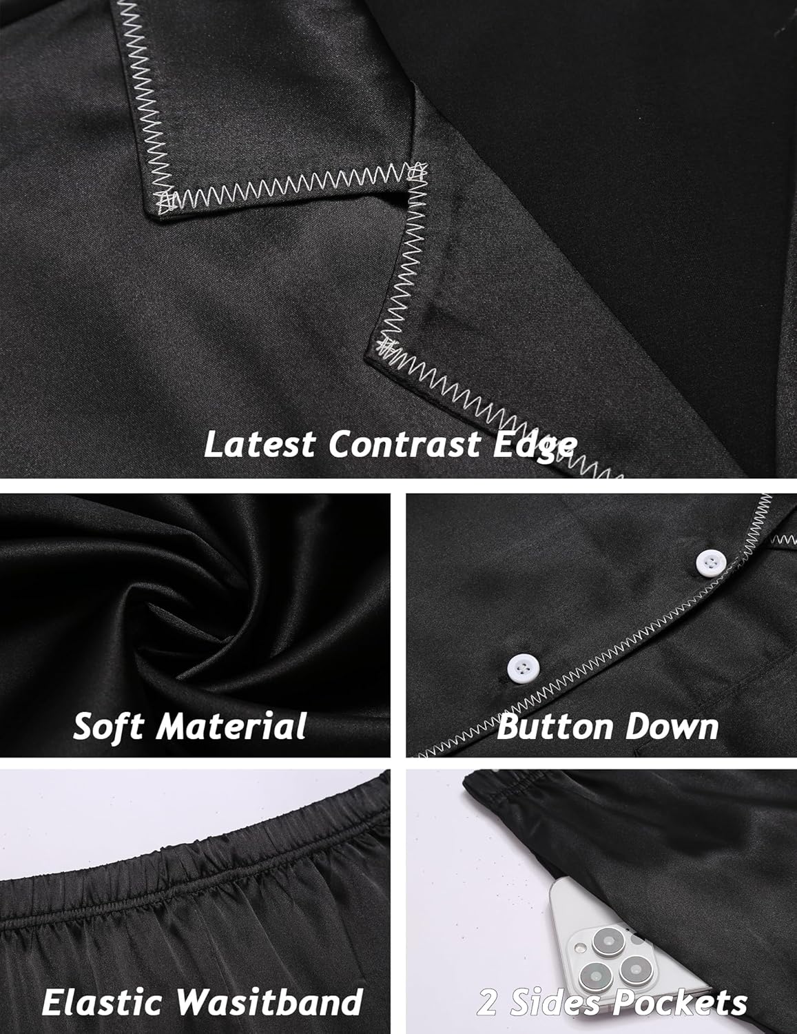 Black satin pajama set details: contrast piping, button-down, elastic waistband, pockets