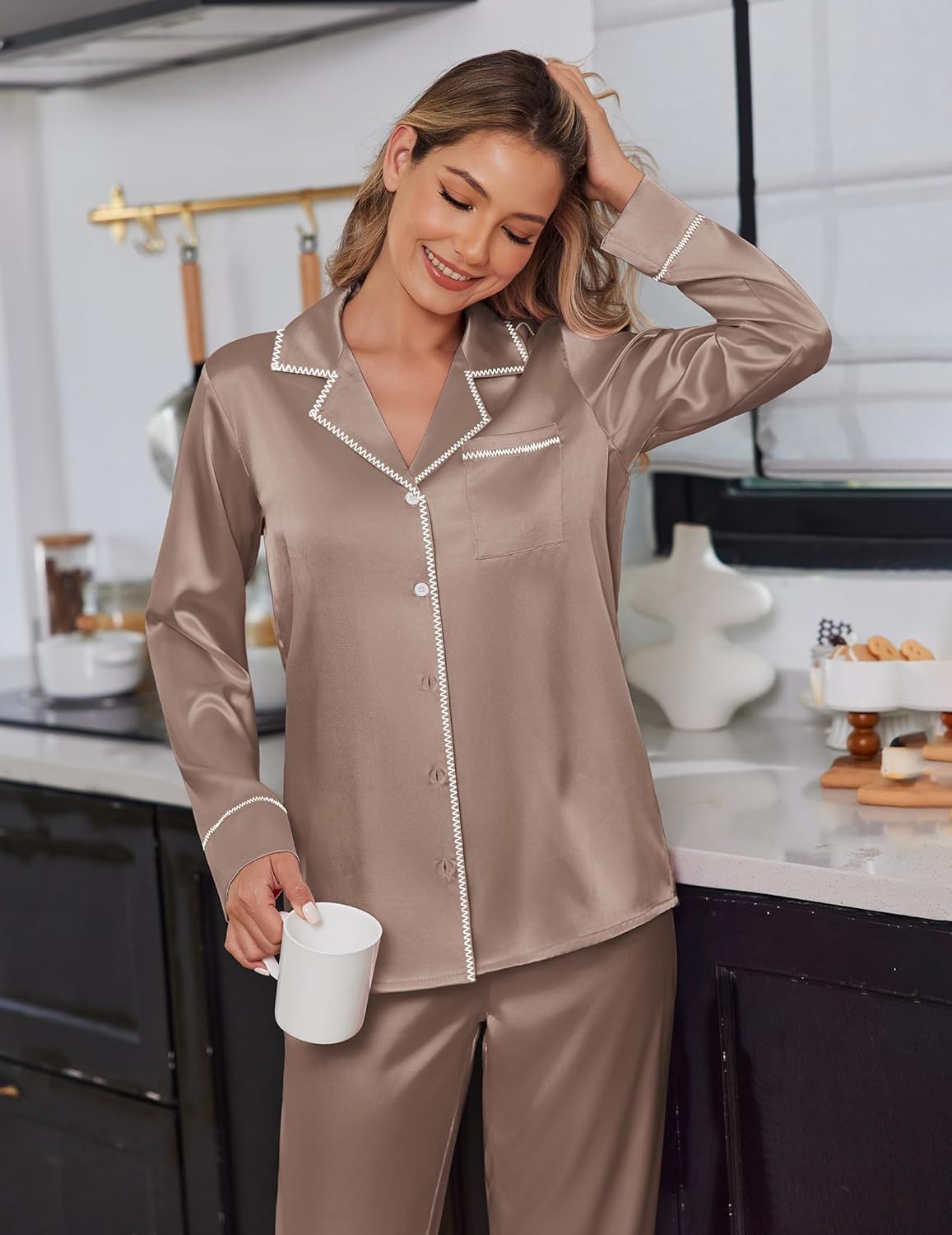 Champagne satin pajama set with contrast trim, button-front top and long pants