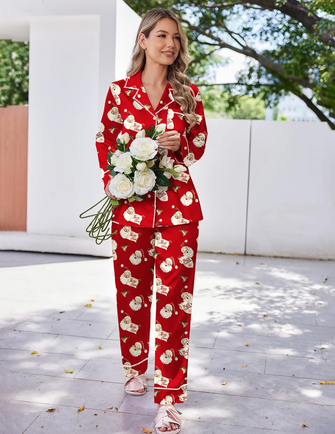 Red Christmas satin pajama set with button-front top and matching long pants
