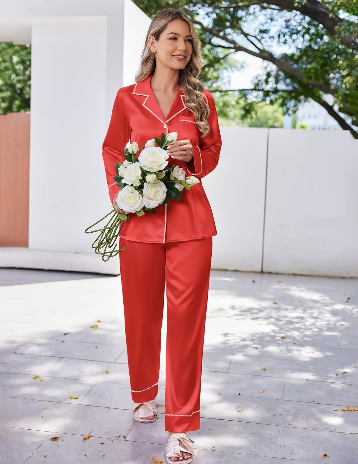 Vivid red satin pajama set with button-front shirt and relaxed long trousers