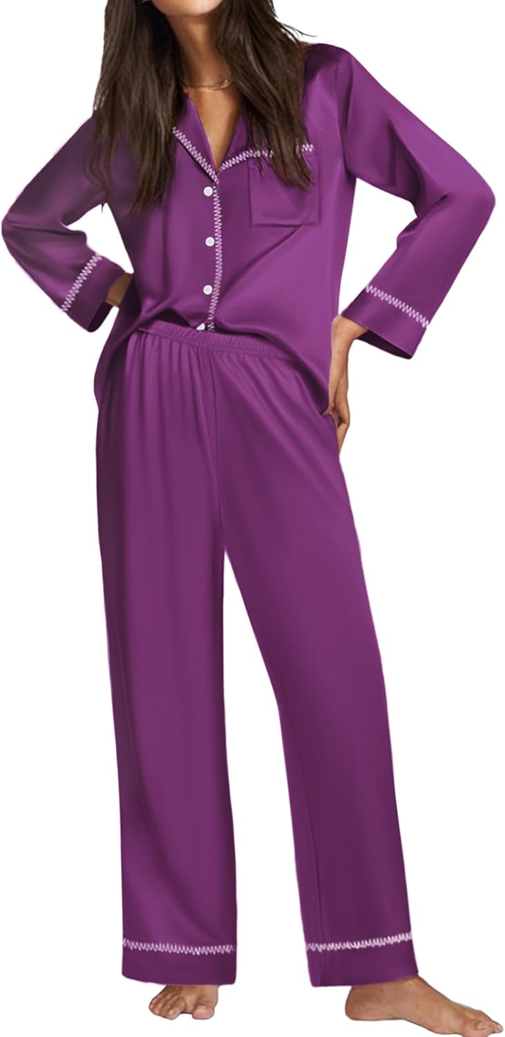 Purple satin pajama set with button-front top and wide straight-leg pants