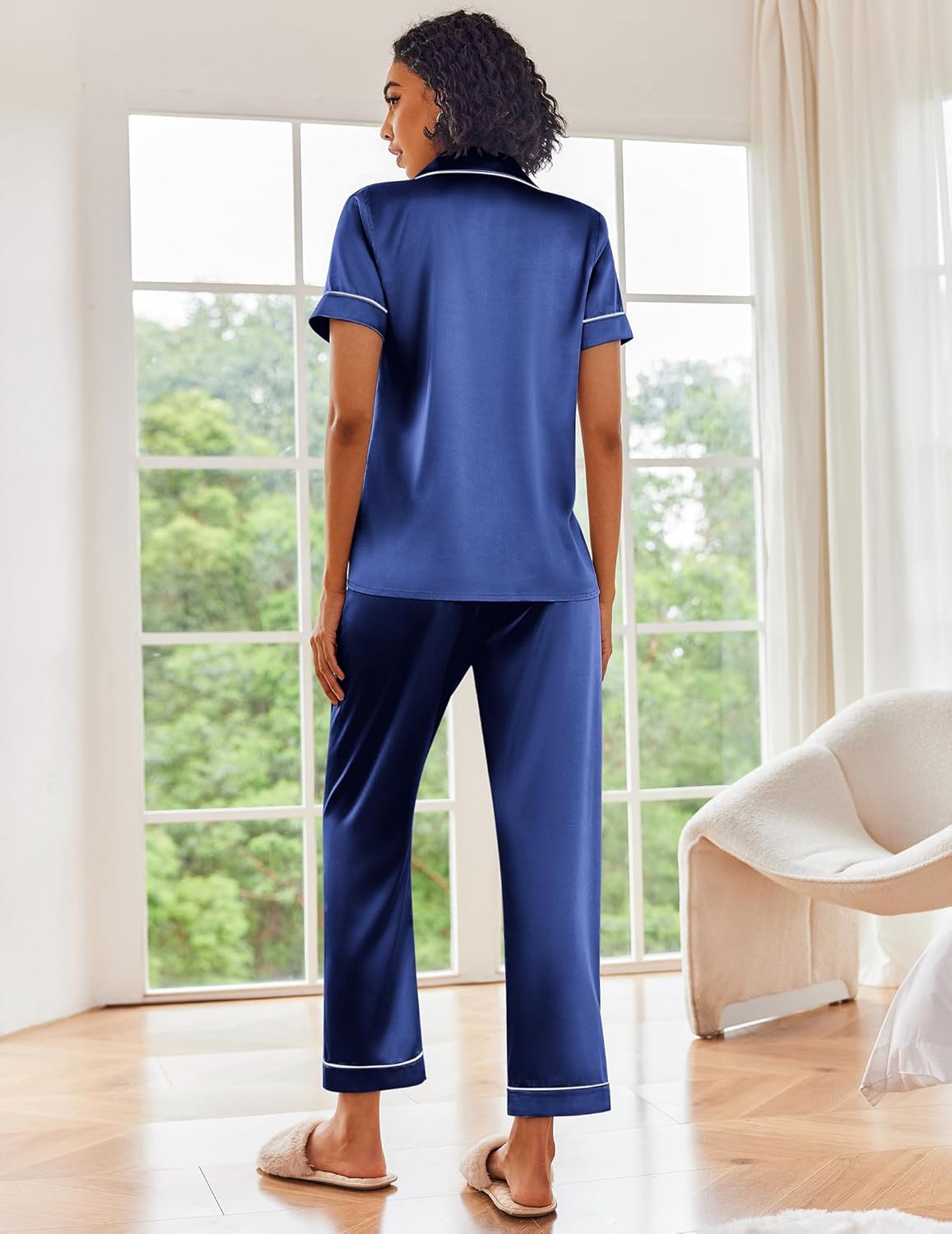 Blue satin short-sleeve pajama set, button-up top with matching cuffed pants (back view)