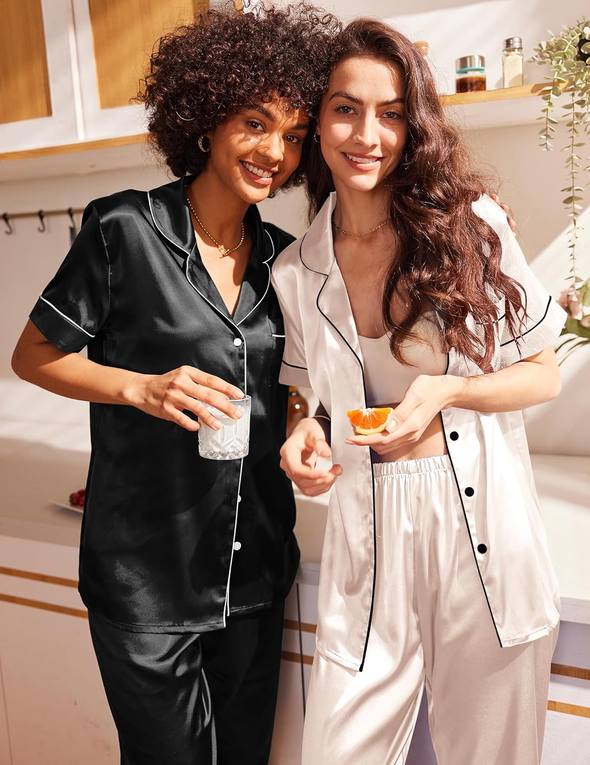 Black and white satin pajama set, short-sleeve button shirt with matching lounge pants