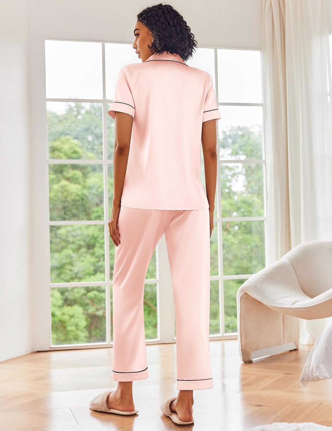 Light pink satin short-sleeve pajama set, button-up top with matching cuffed pants (back)