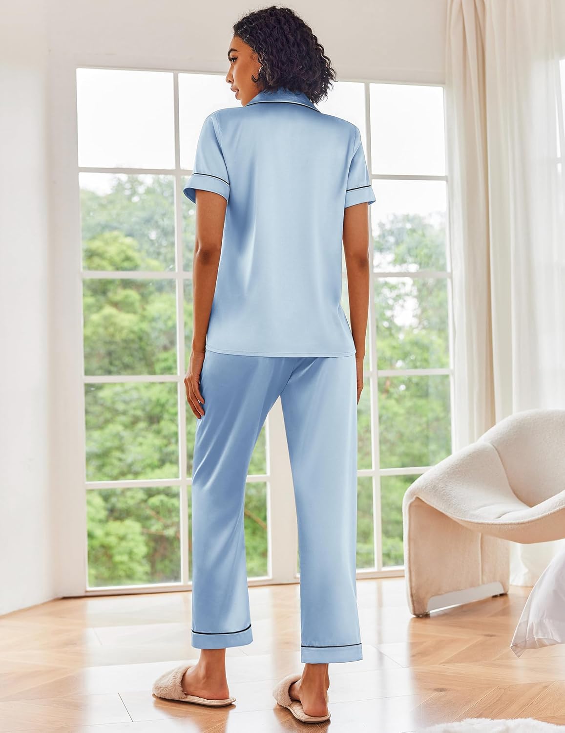 Light blue satin pajama set, back view with short sleeves and long cuffed pants