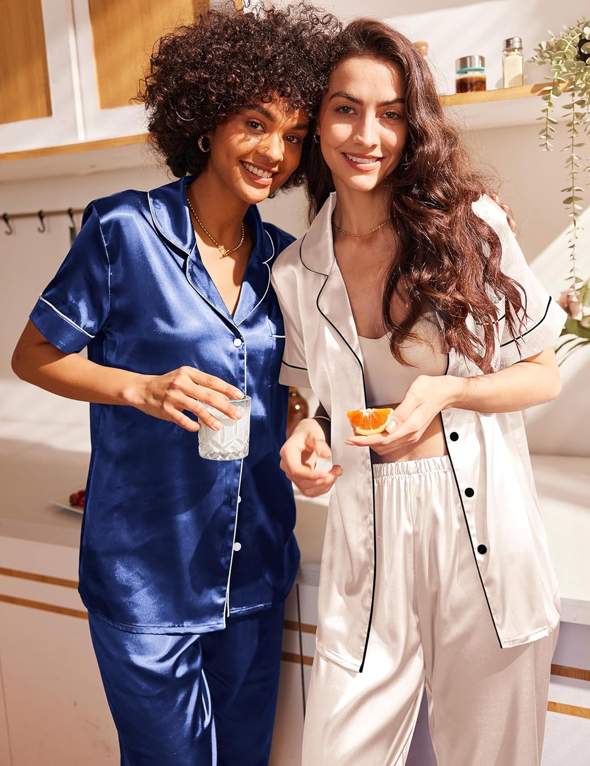 Blue satin pajama set, short-sleeve top with buttons and long cuffed pants