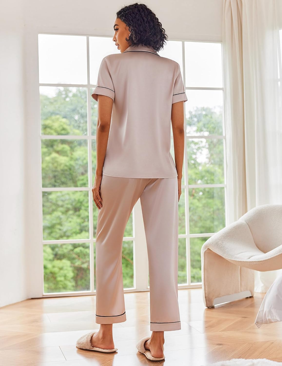 Blush satin pajama set, short sleeves and long cuffed pants with contrast trim