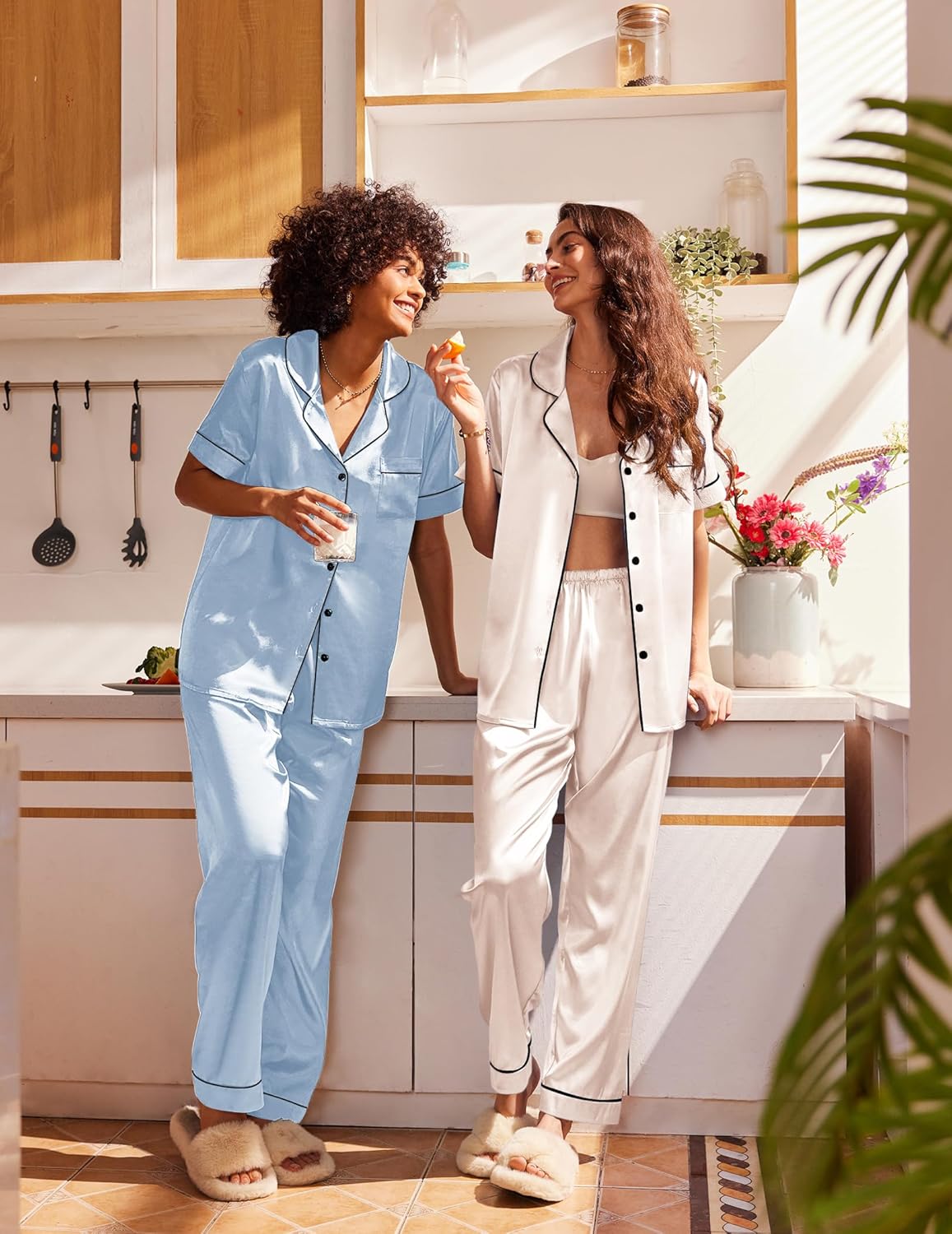 Light blue satin pajama set, short sleeves and drawstring cuffed pants with buttons