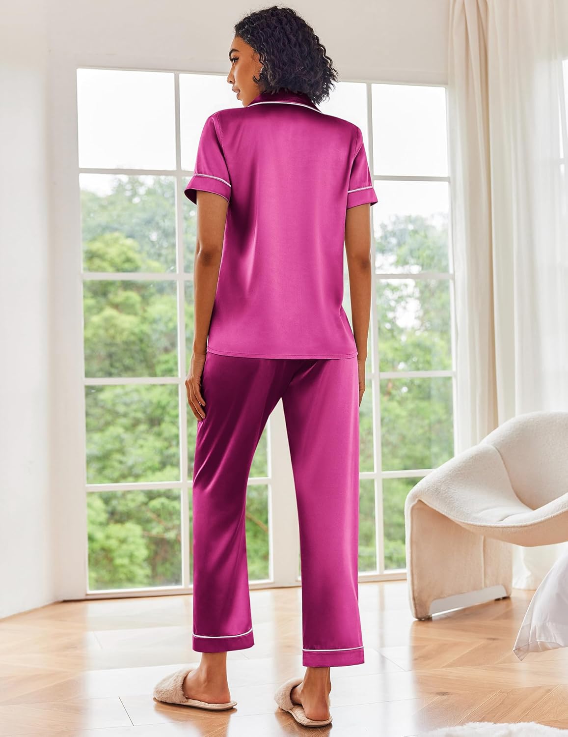 Satin pajama set: short-sleeve top with cuffed pants, deep purple