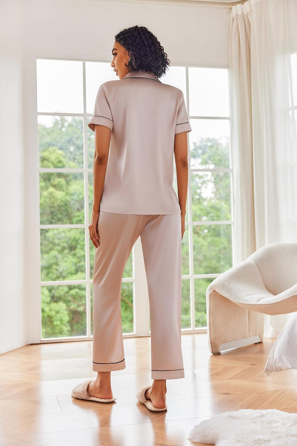 Champagne satin pajama set, short sleeves and long cuffed pants with contrast trim
