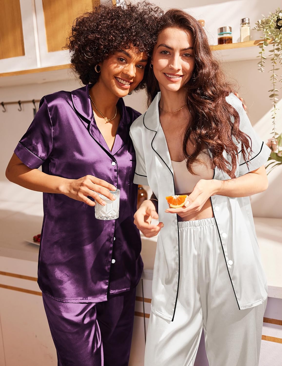 Satin pajama set: glossy purple button top and matching cuffed pants