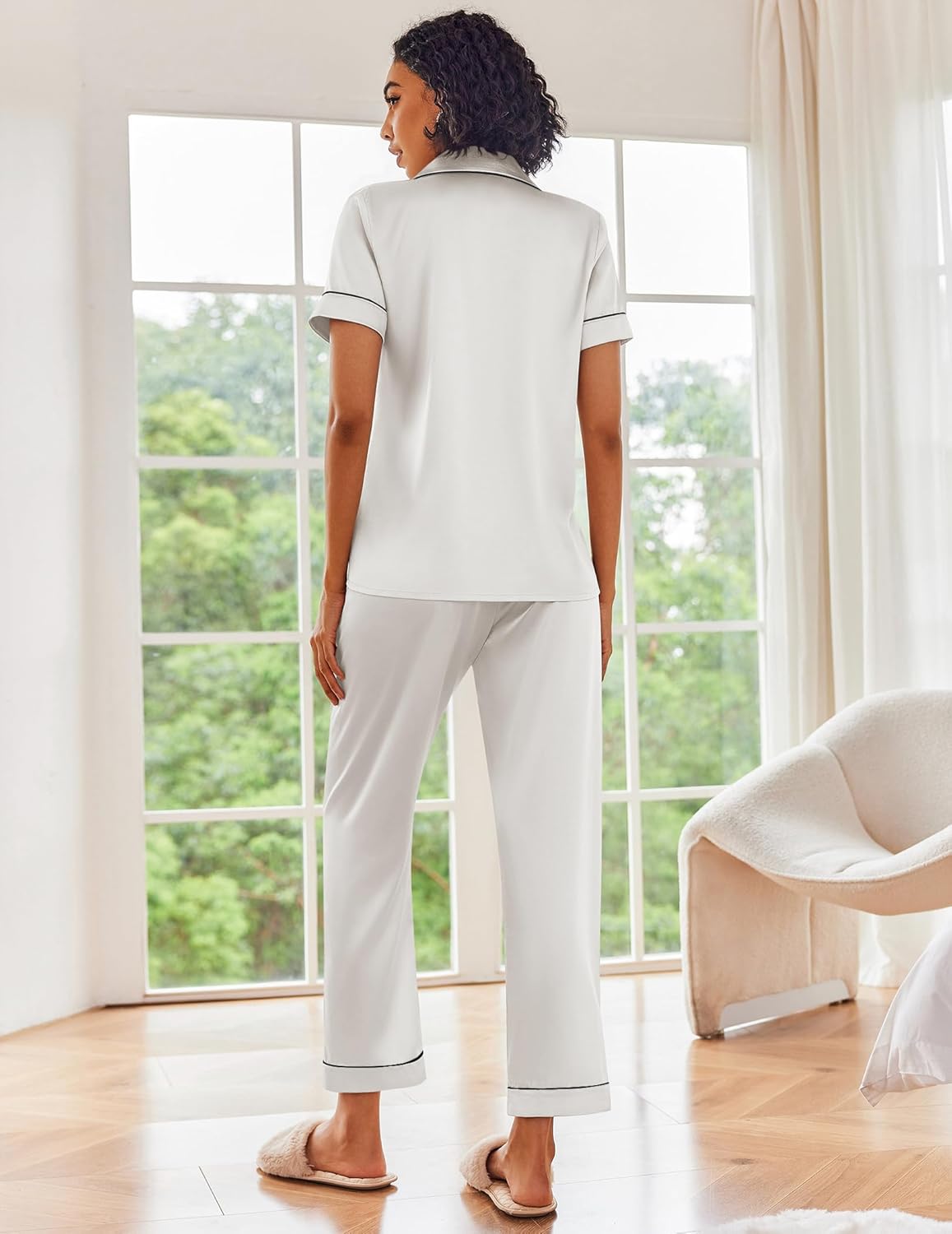 Satin pajama set: short-sleeve top and cuffed pants, light gray with dark piping