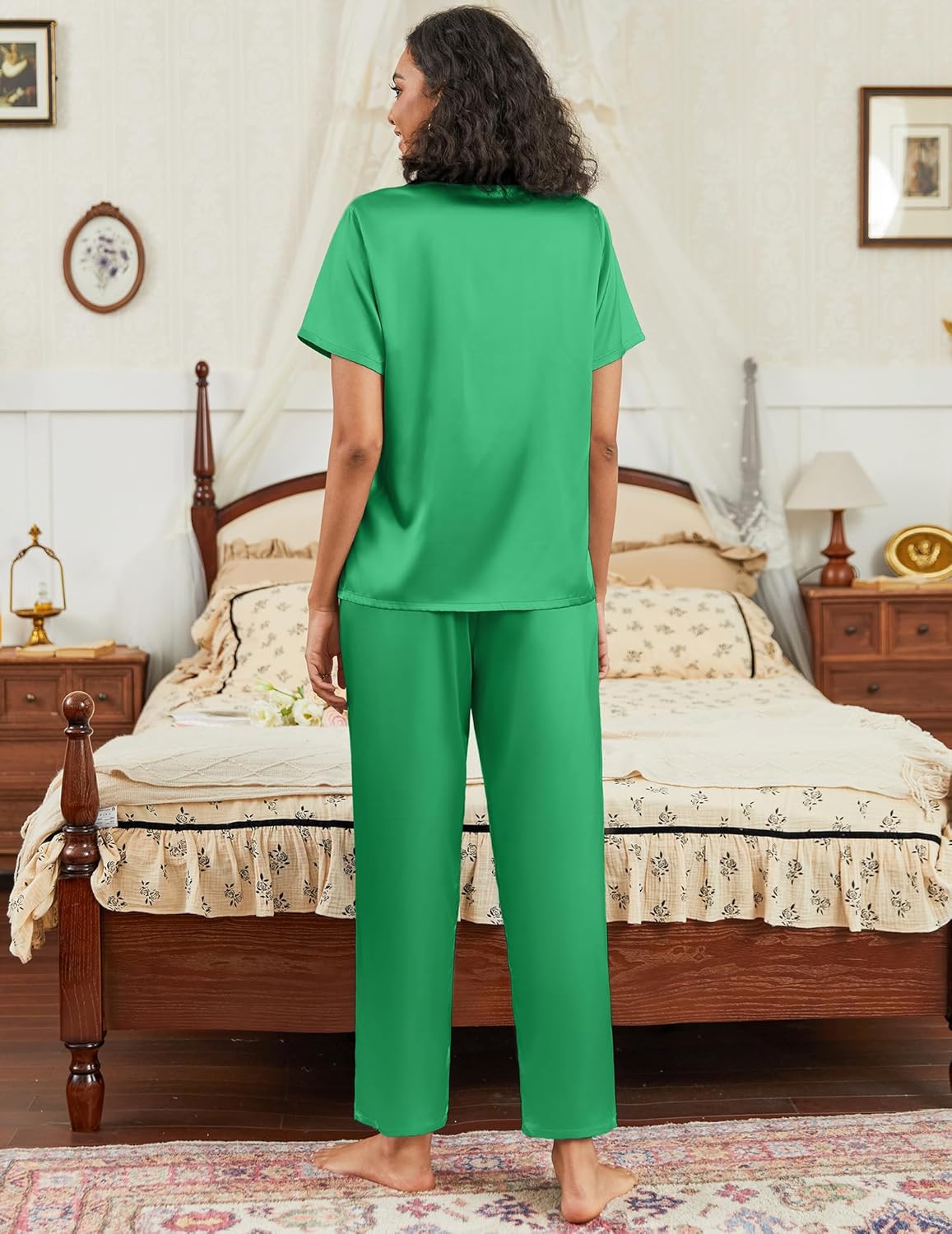 Ekouaer green satin pajama set, short-sleeve top and ankle-length wide pants