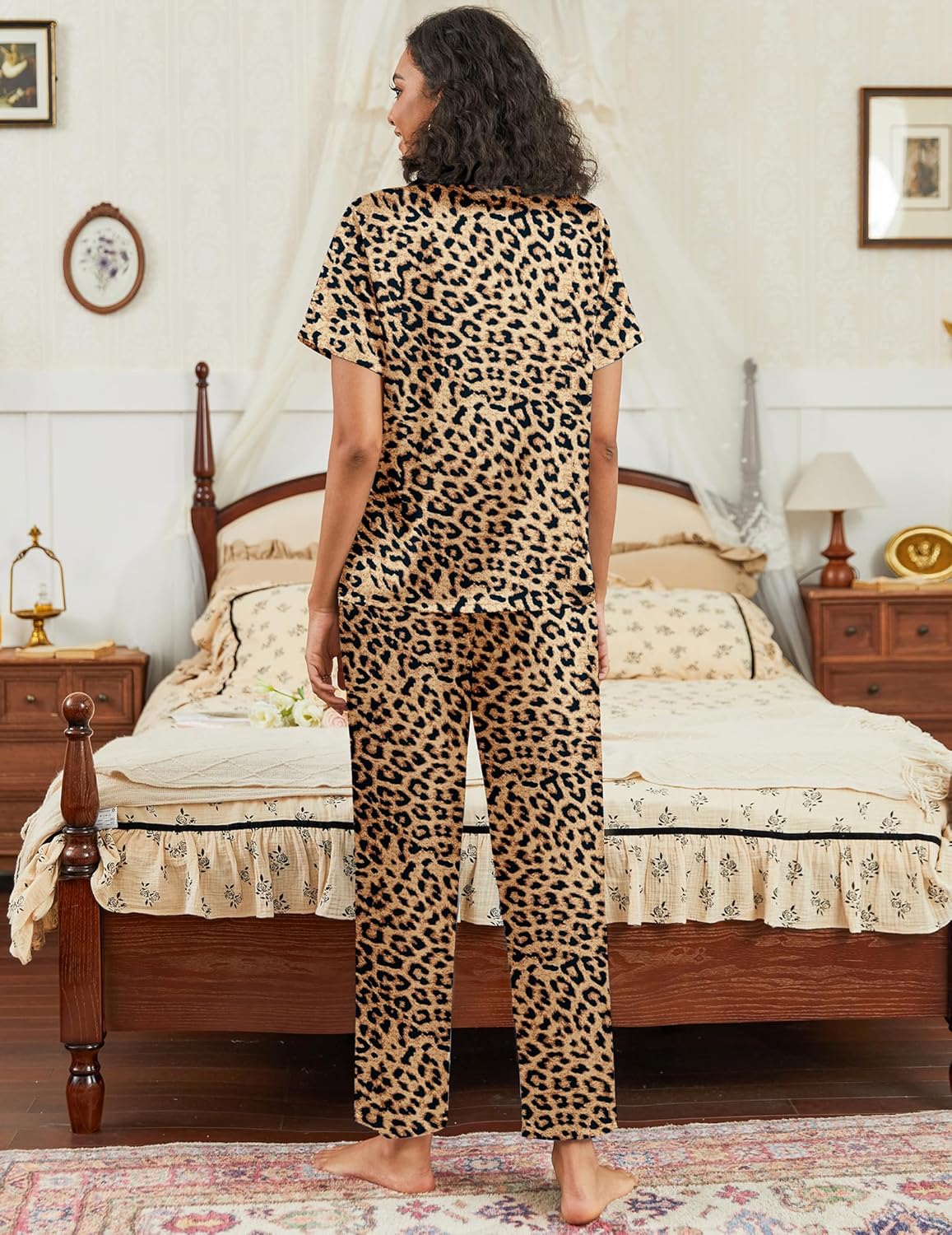 Ekouaer leopard satin pajama set, short-sleeve top and relaxed ankle-length pants